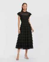 Ruffle High Neck Cap Sleeve Midi Dress